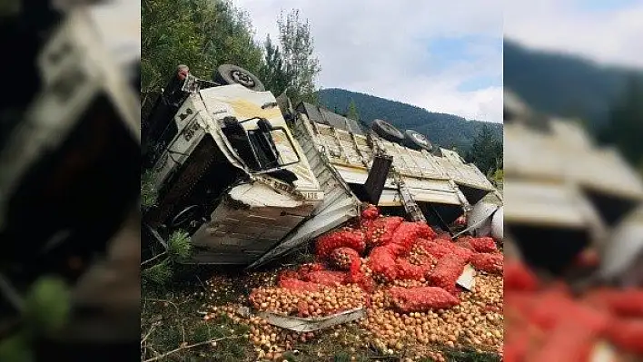 Soğan yüklü kamyon devrildi: 1 yaralı