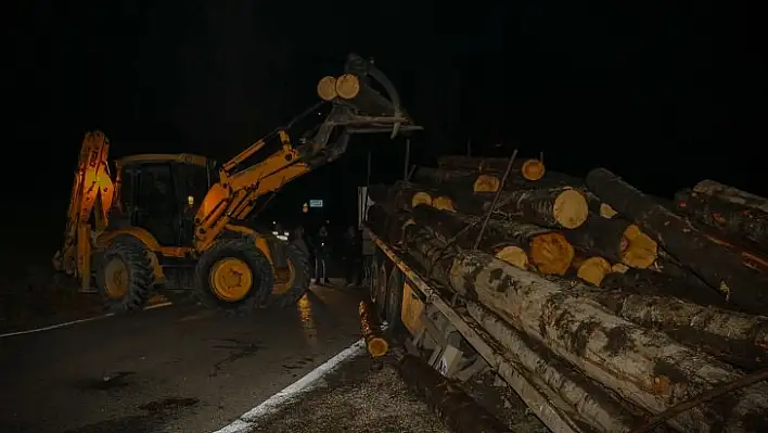 Devrilen tomruk yüklü tır yolu bir süreliğine kapattı