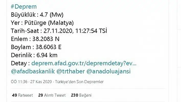 Malatya 4.7 ile sallandı